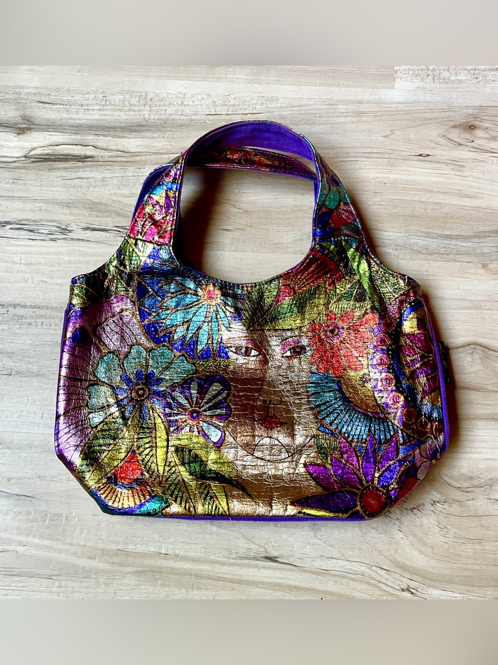 Laurel Burch Y2K Multicolor Floral Art Purse- Vibrant Metallic Garden Design
